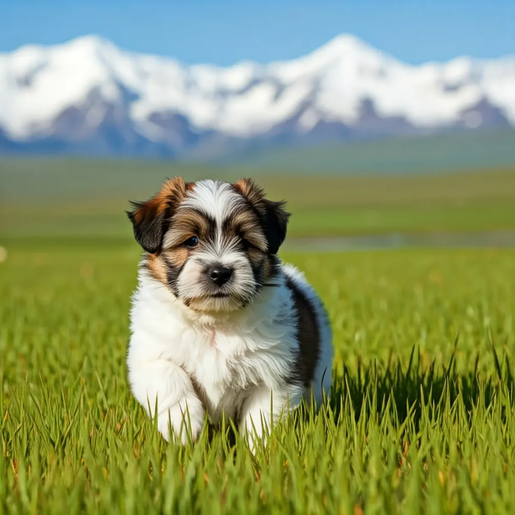 Dreifarbiger Tibet-Terrier-Welpe in Weiß, Schwarz und Braun steht auf einer Wiese vor schneebedeckten Bergen