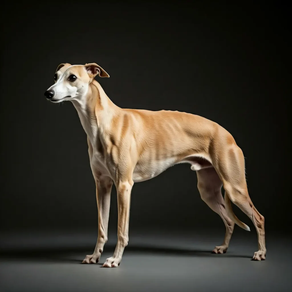 Falbfarbener Whippet steht seitlich vor dunklem Hintergrund
