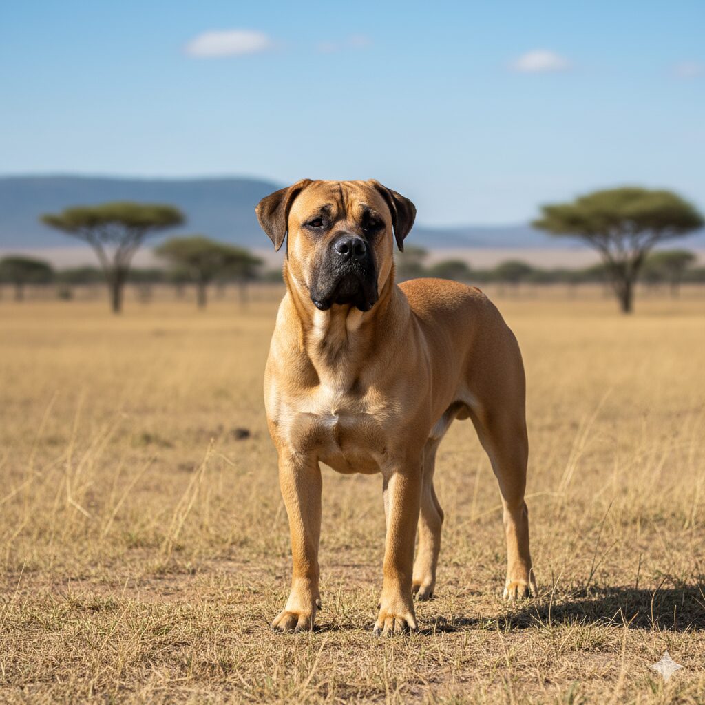Boerboel steht auf einer Weide Foto eines kräftigen Boerboel, der aufmerksam auf einem Feld steht.