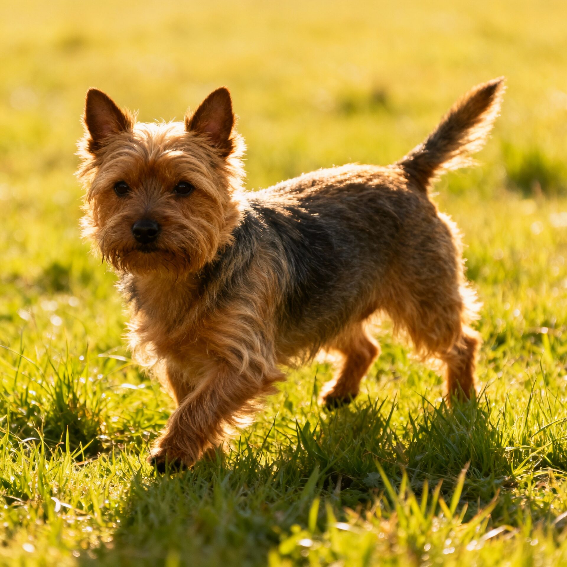 Ein Australian Terrier läuft über eine Wiese