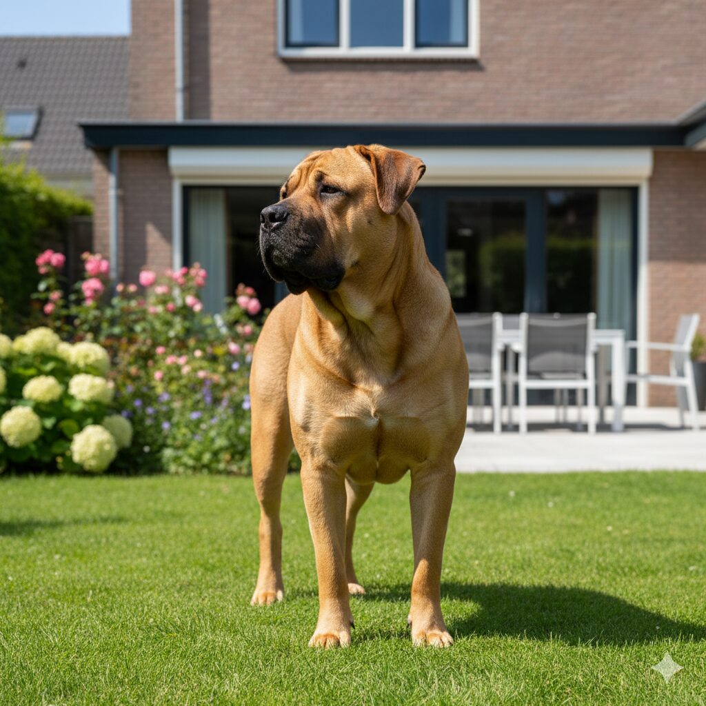 hunderasse-boerboel Boerboel, der majestätisch in einem sonnigen, grünen Garten steht.