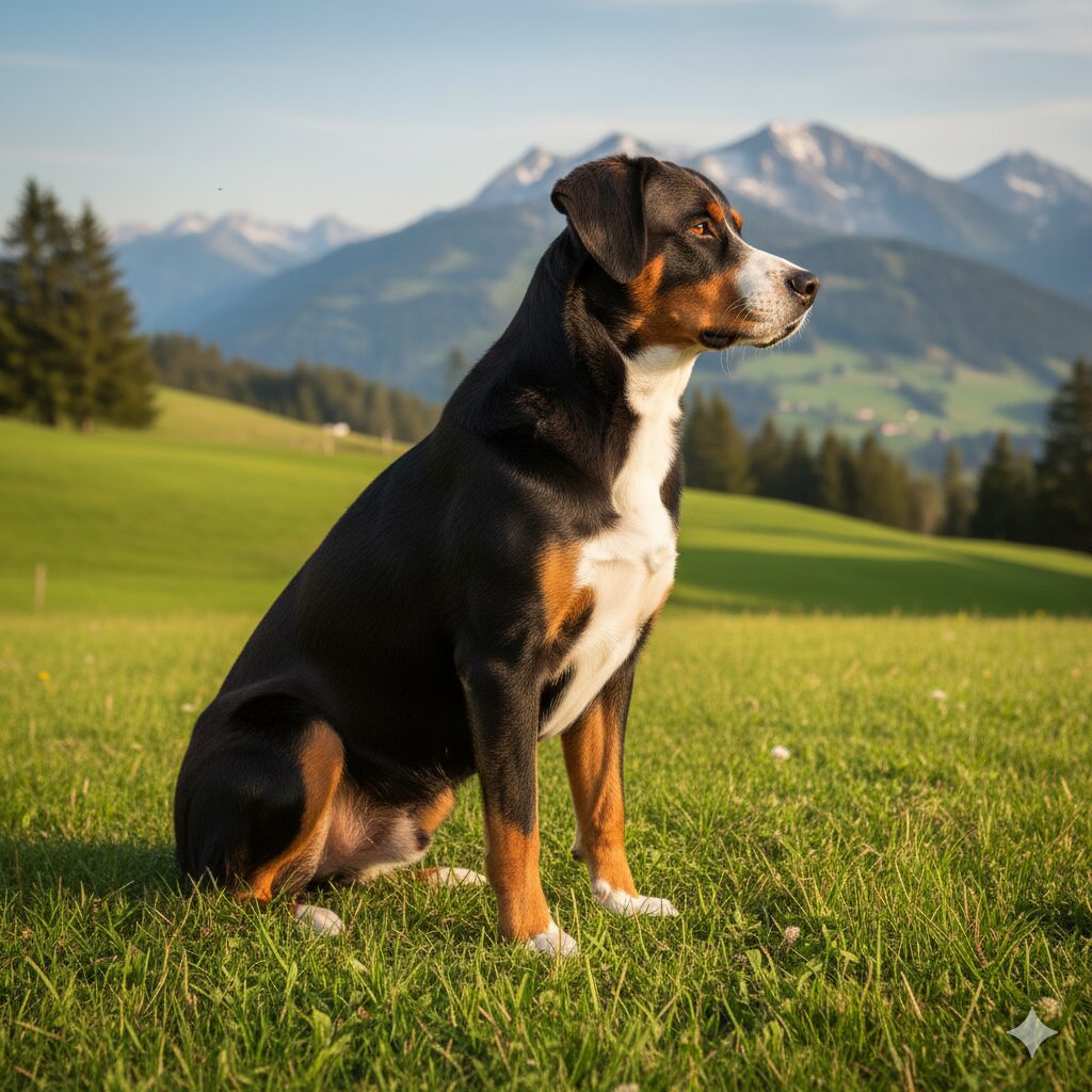 Swissydog welpen Swissydog Rüde sitzt auf einer Weide