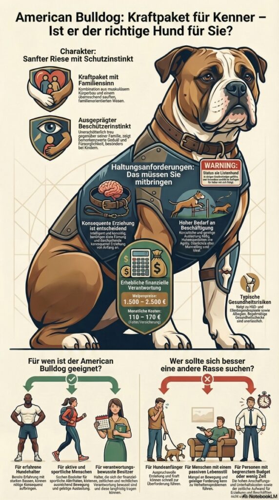 American Bulldog mit kräftigem Körperbau und aufmerksamem Ausdruck