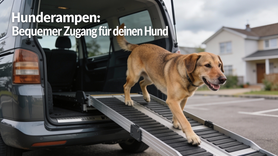 Ein mittelgroßer Hund steigt entspannt über eine stabile Hunderampe in den Kofferraum eines Autos. Die Rampe ist rutschfest und strukturiert, der Hintergrund ist leicht unscharf und zeigt einen Parkplatz bei leicht bewölktem Tageslicht.