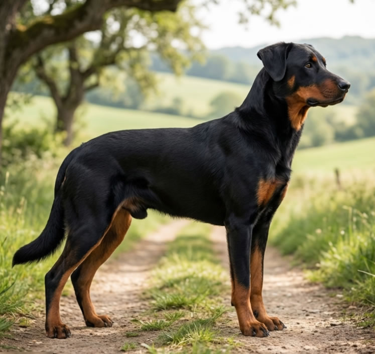 Beauceron, der stolz und aufmerksam auf einem Feld steht.