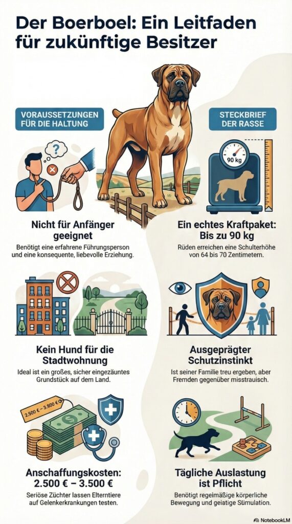 Infografik zum Boerboel mit Herkunft, Größe, Gewicht und Haltung