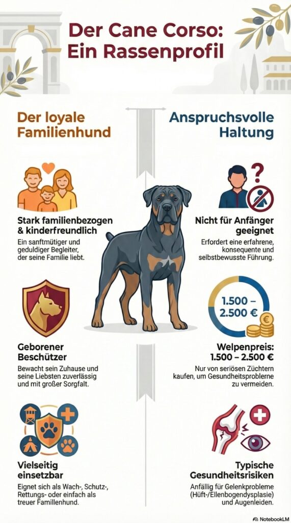 Infografik zur Hunderasse Cane Corso Italiano mit Größe, Gewicht und Herkunft