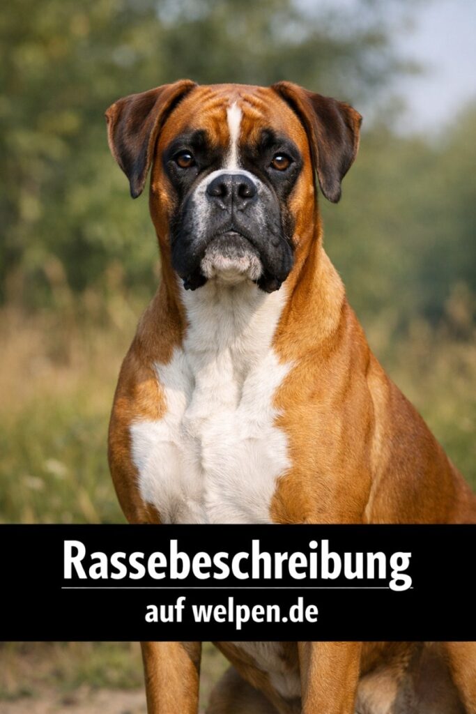 Deutscher Boxer mit rotbraunem Fell und weißer Brust im Porträt