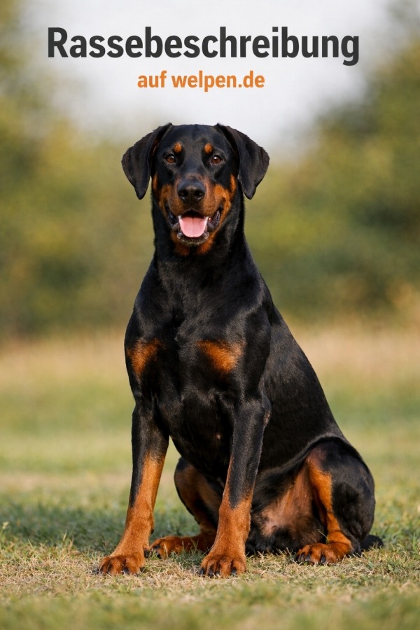 Dobermann sitzt auf einer Wiese