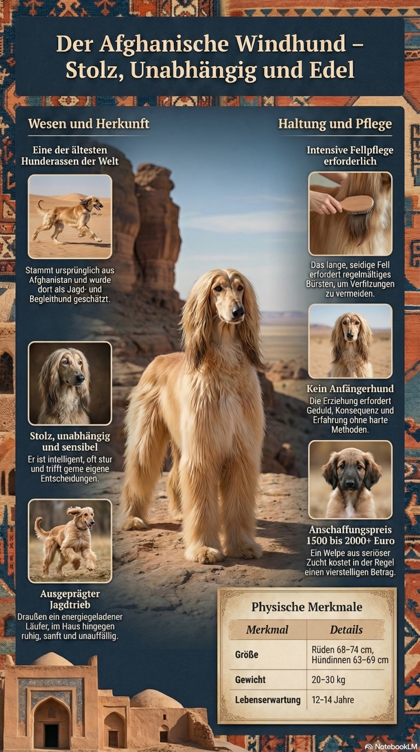 Infografik zum Afghanischen Windhund mit Rassemerkmalen