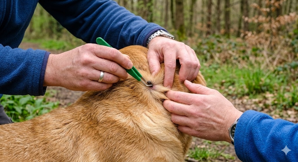 Dem Hund wird mit einer Zeckenzange eine Zecke entferrnt.