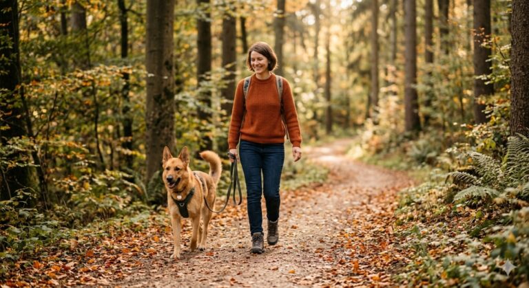 Ein Frau läuft mit einem angeleinten Hund druch den Wald