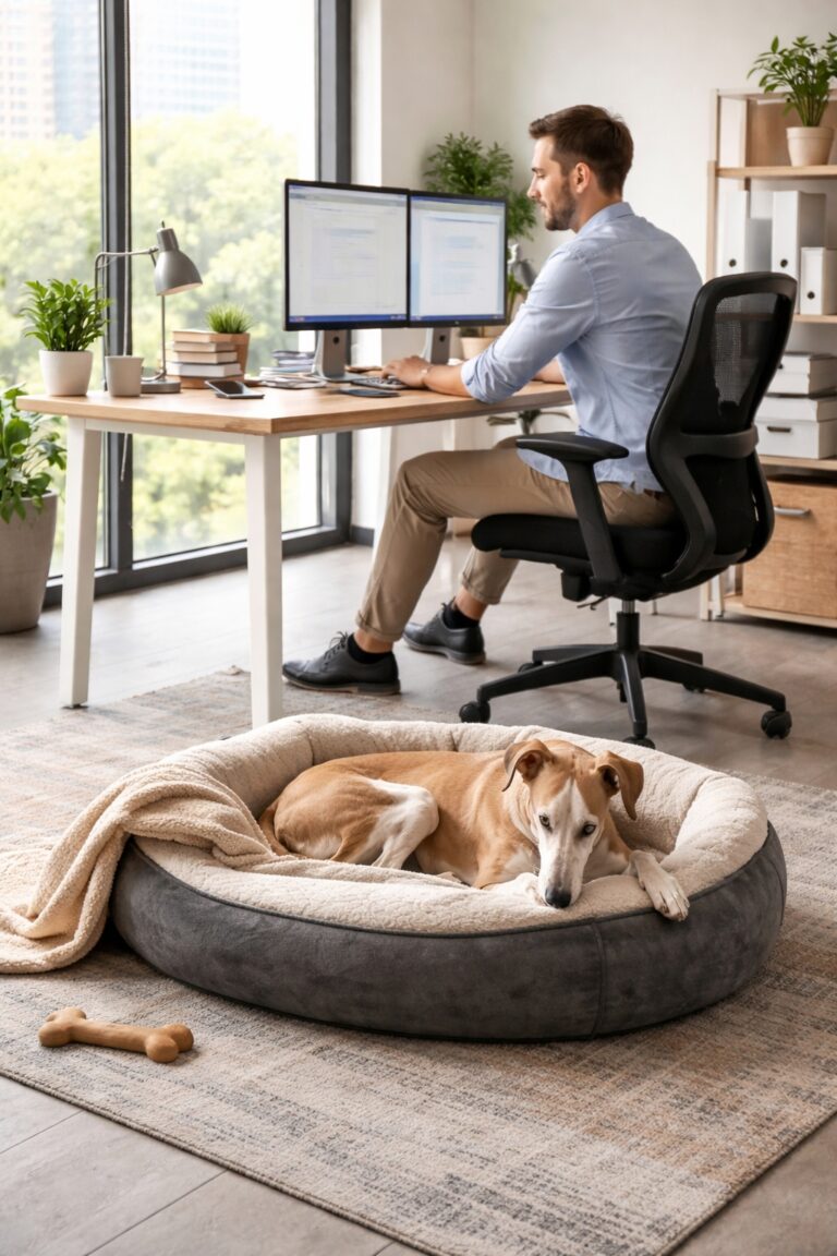 Foto von einem Whippet der in einem Büro in einem bequemen Hundekorb liegt und schläft
