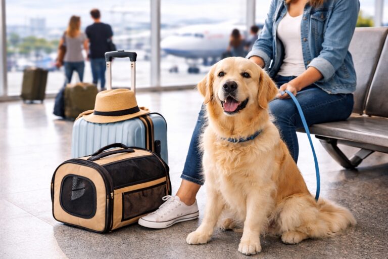 Eine Frau sitzt mit ihrem Hund am Flughafen