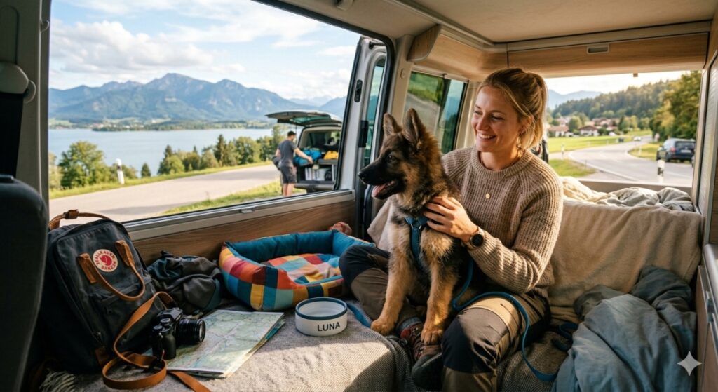 Eine junge Frau im Wohnmobil mit einem Welpen auf dem Schoß