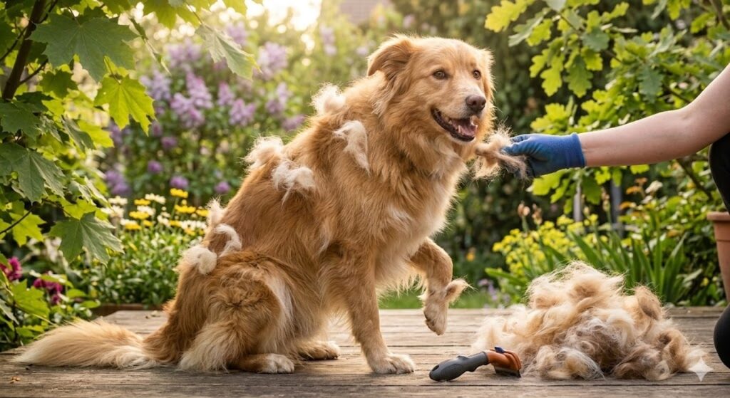 Fellwechsel beim Hund Ein Golden Retriever mit langem Fell sitzt entspannt auf einer Holzterrasse im Garten, während er gebürstet wird.