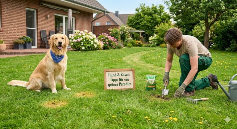 Rasen nachsäen mit Hund im Garten
