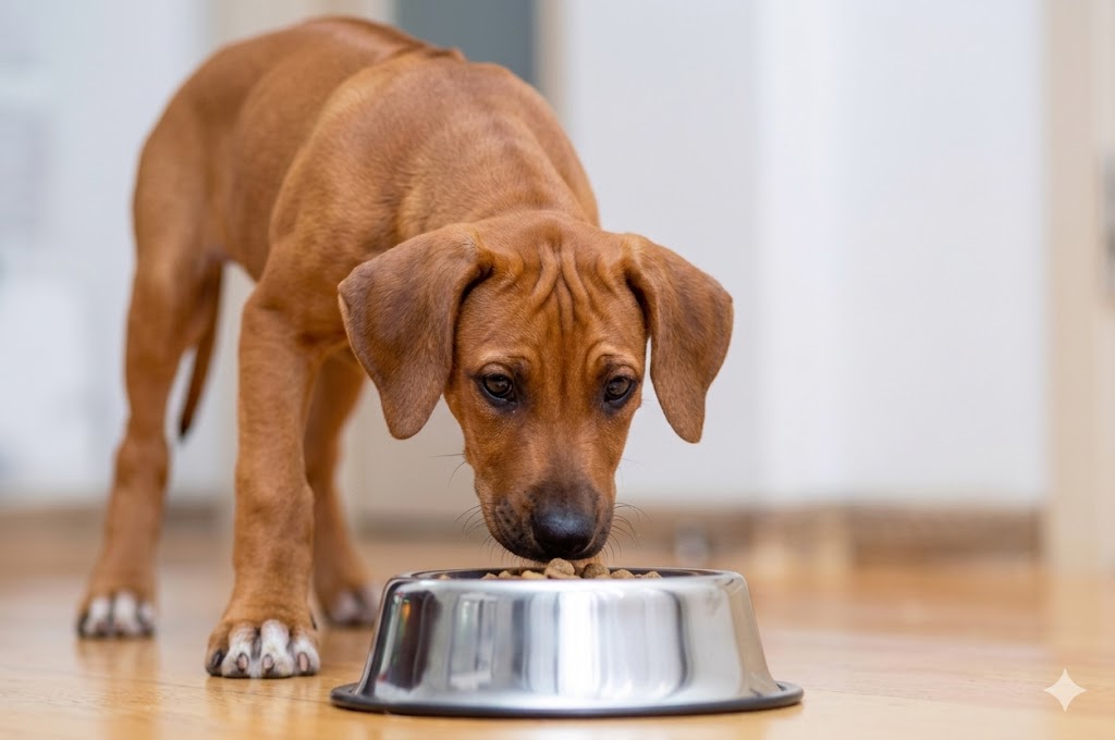 Ein Rhodesian Ridgeback sthet vor einem Futternapf mit Kroketten