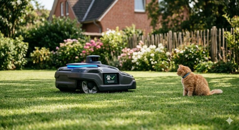 Ein Mähroboter fährt auf eine Katze zu
