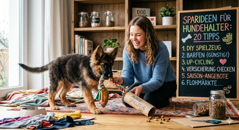 Eine lächelnde junge Frau spielt in einem gemütlichen Wohnzimmer mit einem Deutschen Schäferhund-Welpen. Sie hält ein selbstgemachtes Tau-Spielzeug aus bunten Stoffresten in der Hand, während im Hintergrund eine Tafel mit der Aufschrift „Sparideen für Hundehalter: 20 Tipps“ steht. Auf dem Boden liegen Bastelutensilien für DIY-Hundespielzeug und Vorratsgläser mit Hundefutte
