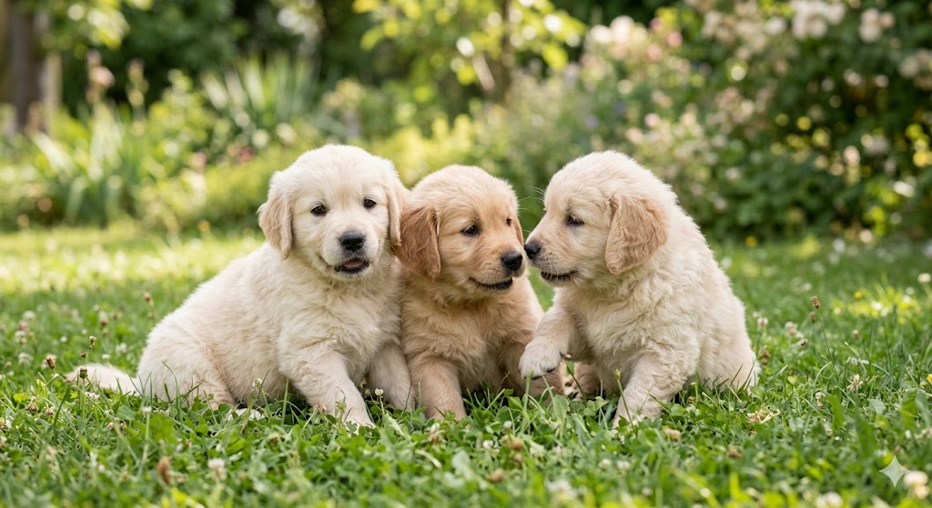 Drei wuschelige, helle Golden Retriever Welpen sitzen nebeneinander im grünen Gras einer Sommerwiese mit unscharfem Gartenhintergrund.