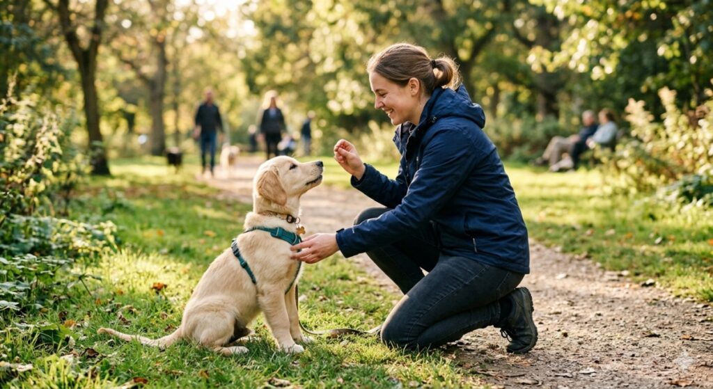 Ein heller Golden Retriever Welpe sitzt aufmerksam auf einer Wiese im Park und schaut zu einer hockenden Frau auf, die ihm mit einem Leckerli in der Hand das Kommando „Sitz“ beibringt.