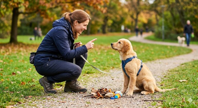 Eine Frau hockt in einem herbstlichen Park und trainiert mit erhobenem Zeigefinger einen Golden Retriever Welpen, der aufmerksam vor ihr sitzt, um ihm das Fressen von Gegenständen vom Boden abzugewöhnen.