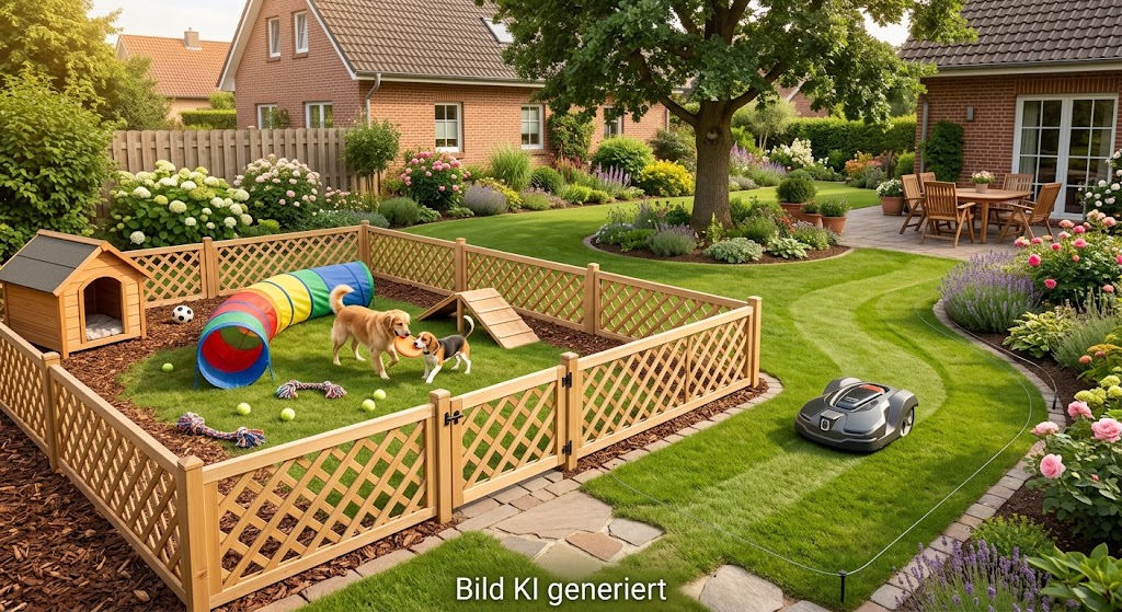 Abgegrenzter Spielbereich für den Hund im Garten, getrennt vom Mähbereich des Roboters