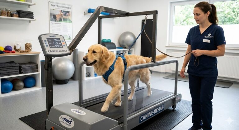 Ein großer Hund auf einem Laufband in einer medizinischen EInrichtung.