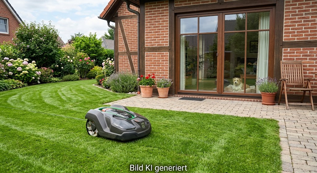 Mähroboter auf dem Rasen, im Hintergrund hinter der Terrassentür ein Hund im Haus
