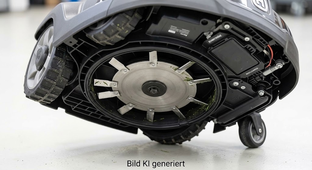 nterseite eines Mähroboters mit sichtbaren Schneidklingen
