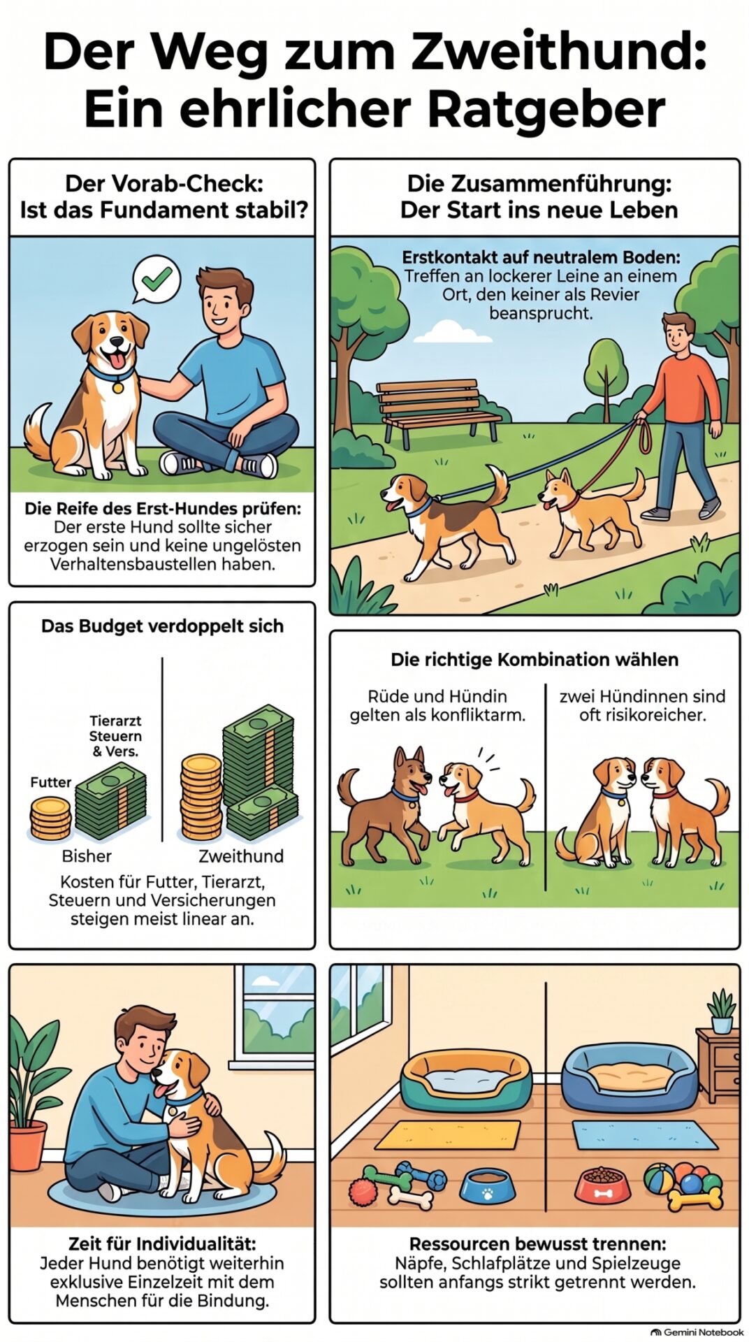 Infografik mit dem Titel „Zwei Hunde halten: Was Sie vor der Anschaffung wissen sollten