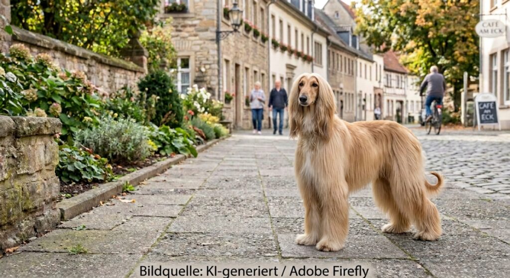 Afghanischer Windhund steht aufmerksam auf einer Straße