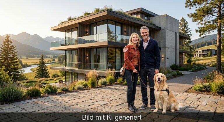 EIn Paar mit Hund steht vor einem Wellnesshotel