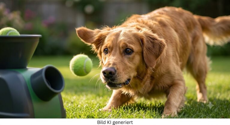 Nahaufnahme eines aufgeregten Hundes, der starr fixiert auf einen Ball wartet. Angespannte Körperhaltung, geweitete Augen.
