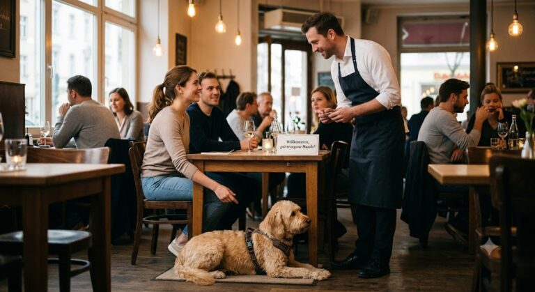 Eine gemütliche Restaurantszene, die vorbildliche Restaurant-Etikette mit Hund zeigt: Ein goldbrauner, strubbeliger Hund liegt ruhig und entspannt auf einer eigenen kleinen Decke unter dem Tisch eines Paares. Ein freundlich lächelnder Kellner in Schürze steht am Tisch und spricht mit den Gästen. Auf dem Holztisch steht ein kleines Schild mit der Aufschrift „Willkommen, gut erzogene Hunde!“. Die Atmosphäre im gut besuchten, warm beleuchteten Lokal ist harmonisch und einladend.