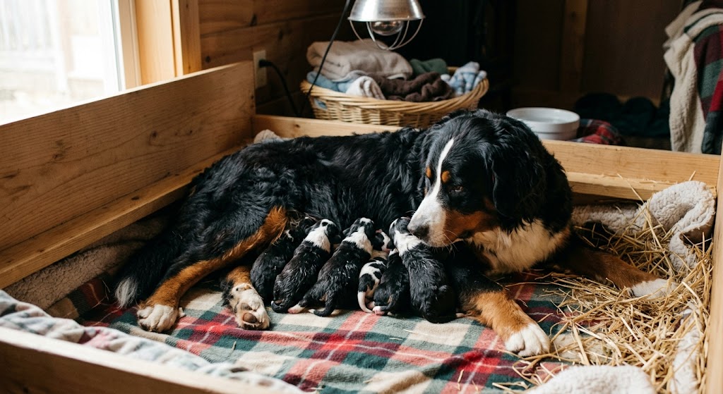 Eine Berner Sennenhund-Mutter liegt entspannt in einer gemütlichen, hölzernen Wurfkiste und blickt fürsorglich auf ihre sieben neugeborenen Welpen, die dicht aneinandergekuschelt an ihrem Bauch trinken. Die Wurfkiste ist mit einer karierten Decke, weichen Handtüchern und etwas Stroh ausgelegt. Im warmen Hintergrund sind ein Korb mit Decken und eine Wärmelampe zu sehen.