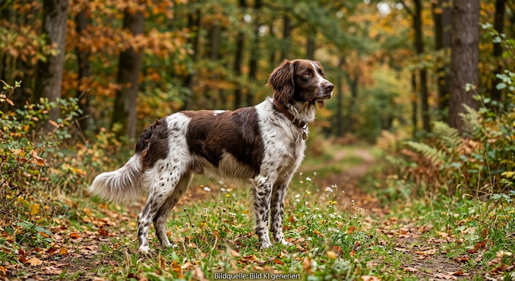 Ein Kleiner Münsterländer steht auf einem Waldweg