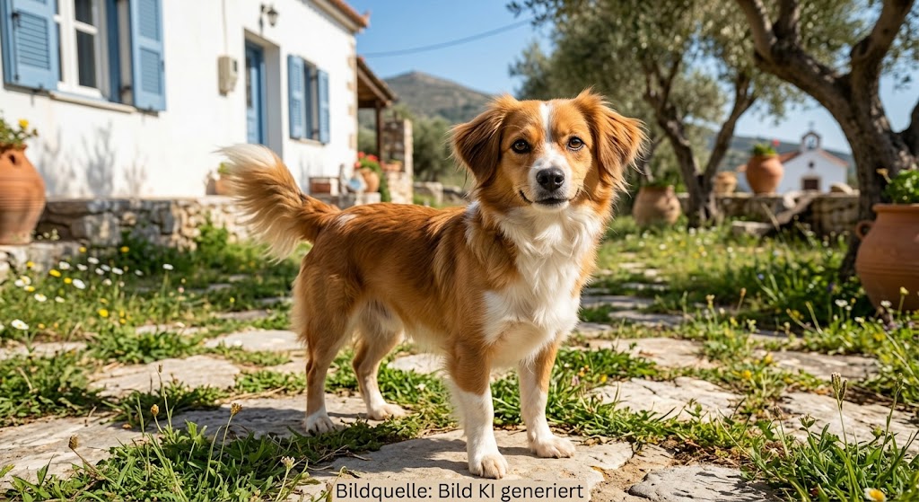 Ein Hund der Rasse Kokoni steht am Haus und schaut den Betrachter an