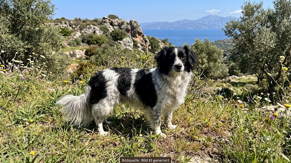 Ein Hund der Rasse Kokoni mit schwarz-weißen Fell