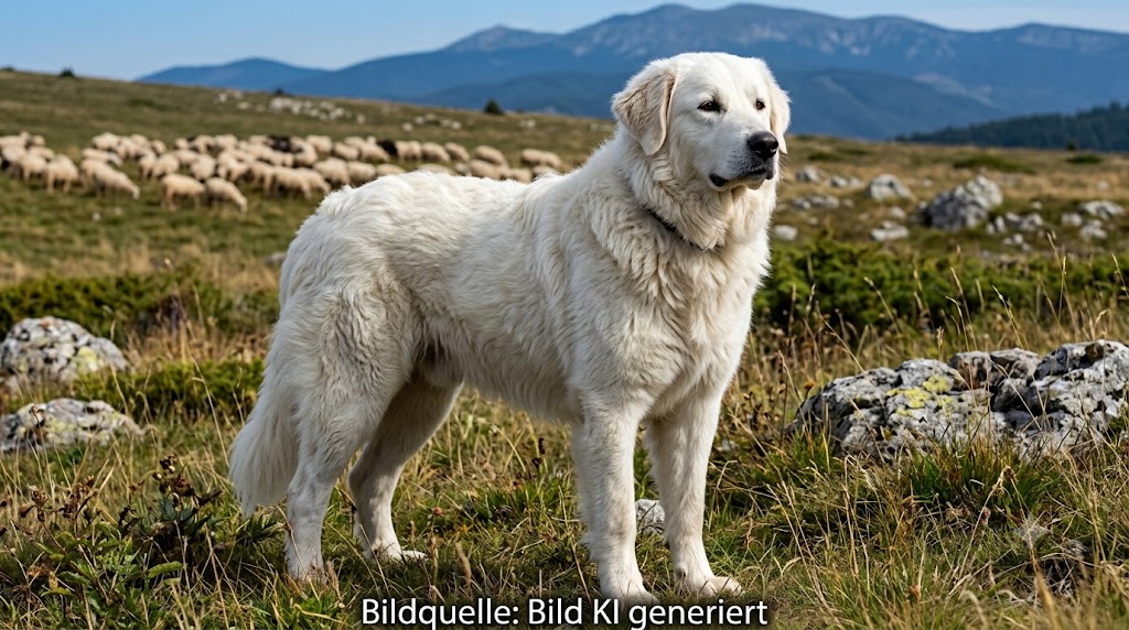 Weißer Kuvasz steht auf einer Bergweide, im Hintergrund eine Schafherde