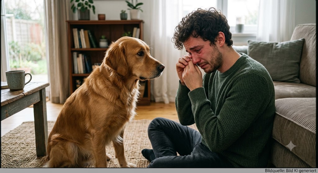 Ein Hund sitzt vor einem Mann der weint und starrt ihn an