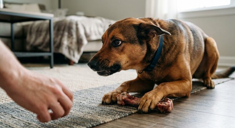 Ein mittelgroßer, braun-schwarzer Hund liegt auf einem Teppich und hält einen großen Knochen fest zwischen seinen Vorderpfoten. Seine gesamte Körperhaltung ist angespannt und nach vorne gerichtet.
