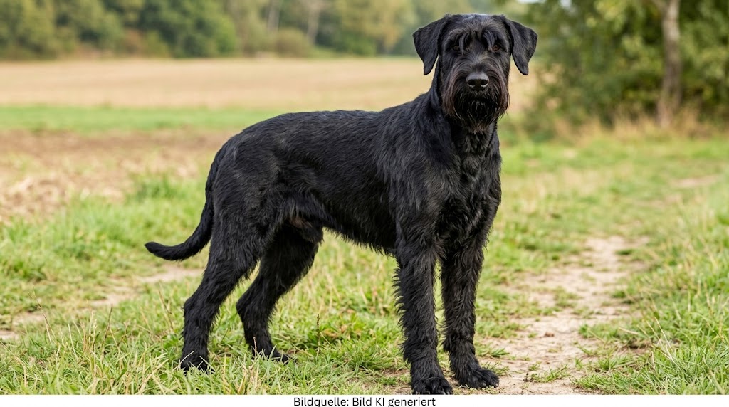 Ein Riesenschnauzer steht auf einem Feldweg