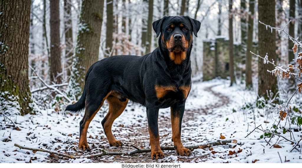 Ein Rottweiler steht am Waldesrand