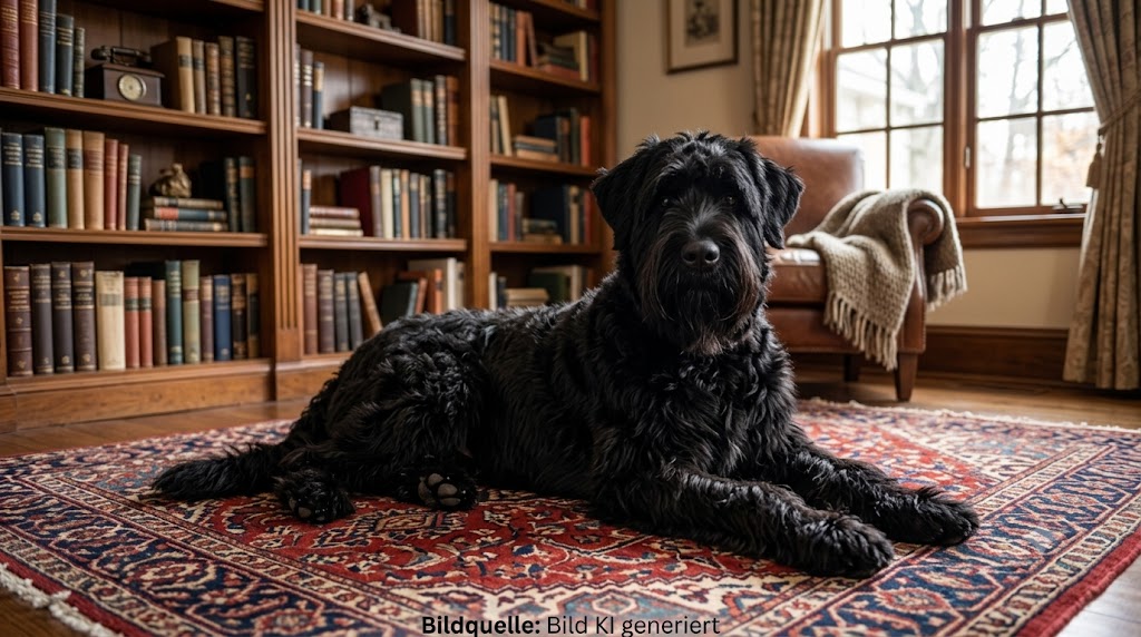Ein russischer Terrier liegt auf einem Wohnzimmerteppich
