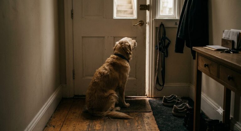 Ein einsamer Golden Retriever wartet vor einer geschlossenen Haustür – Symbolbild zum Thema Trennungsangst beim Hund.