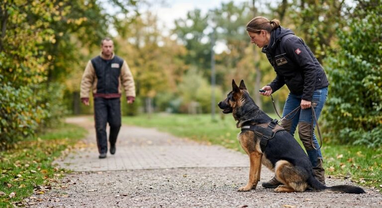 Eine Hundetrainerin im Freien mit einem fokussierten Deutschen Schäferhund an der Leine. Der Hund sitzt aufmerksam auf einem Waldweg und blickt auf eine Person im Hintergrund, die in Schutzkleidung auf sie zukommt. Das Bild illustriert das kontrollierte Training des Wachtriebs im Alltag.