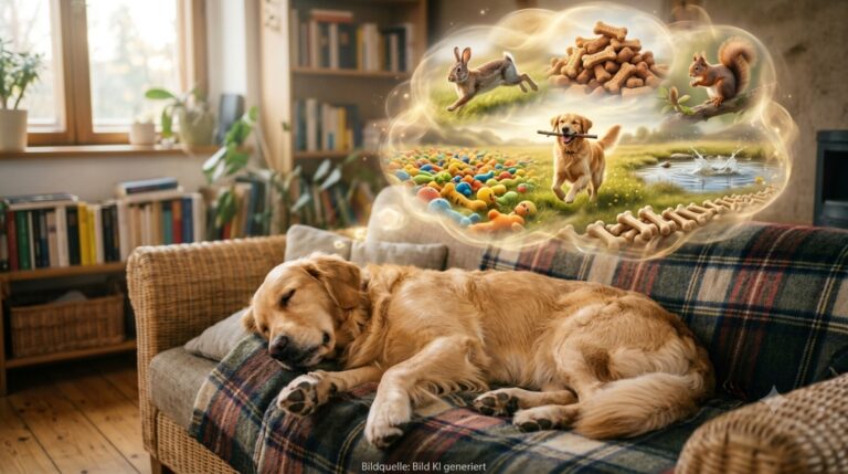 Ein Golden Retriever liegt auf der Couch und träumt von spannenden Abenteuer