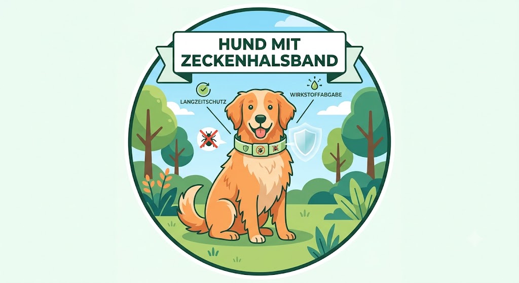 Freundlicher, sitzender Hund auf einer Wiese mit einem grün leuchtenden Zeckenhalsband und Symbolen für Langzeitschutz und Zeckenabwehr.